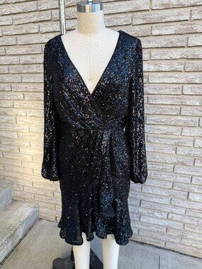 Eliza J Black Sequin Long Sleeve Faux Wrap Ruffle Cocktail Dress Size 8